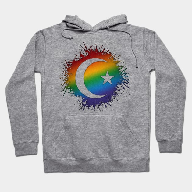 Paint Splatter LGBTQ Pride Rainbow Star and Crescent Symbol Hoodie by LiveLoudGraphics